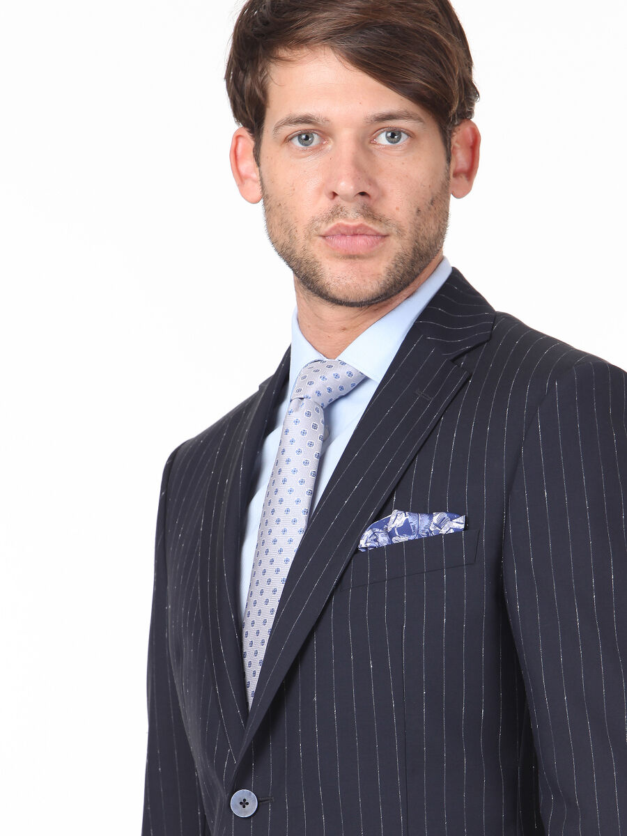 Navy Blue Striped Modern Fit Silk Blended Suit - 2