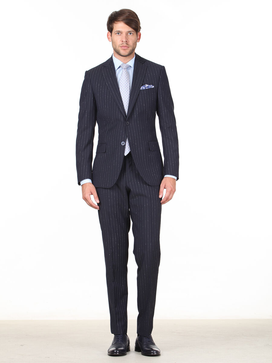 Navy Blue Striped Modern Fit Silk Blended Suit - 3