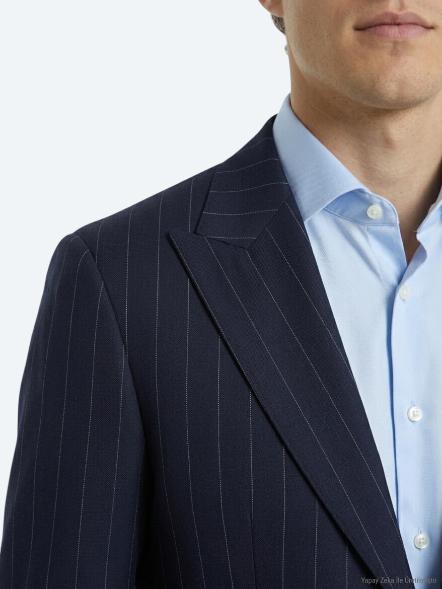 Navy Blue Striped Modern Fit Silk Blended Suit - 2
