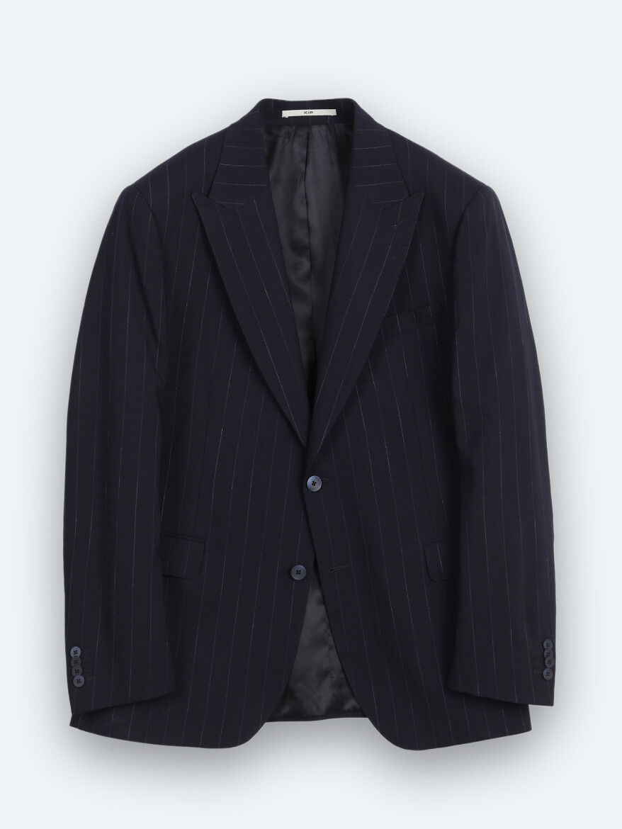 Navy Blue Striped Modern Fit Silk Blended Suit - 6