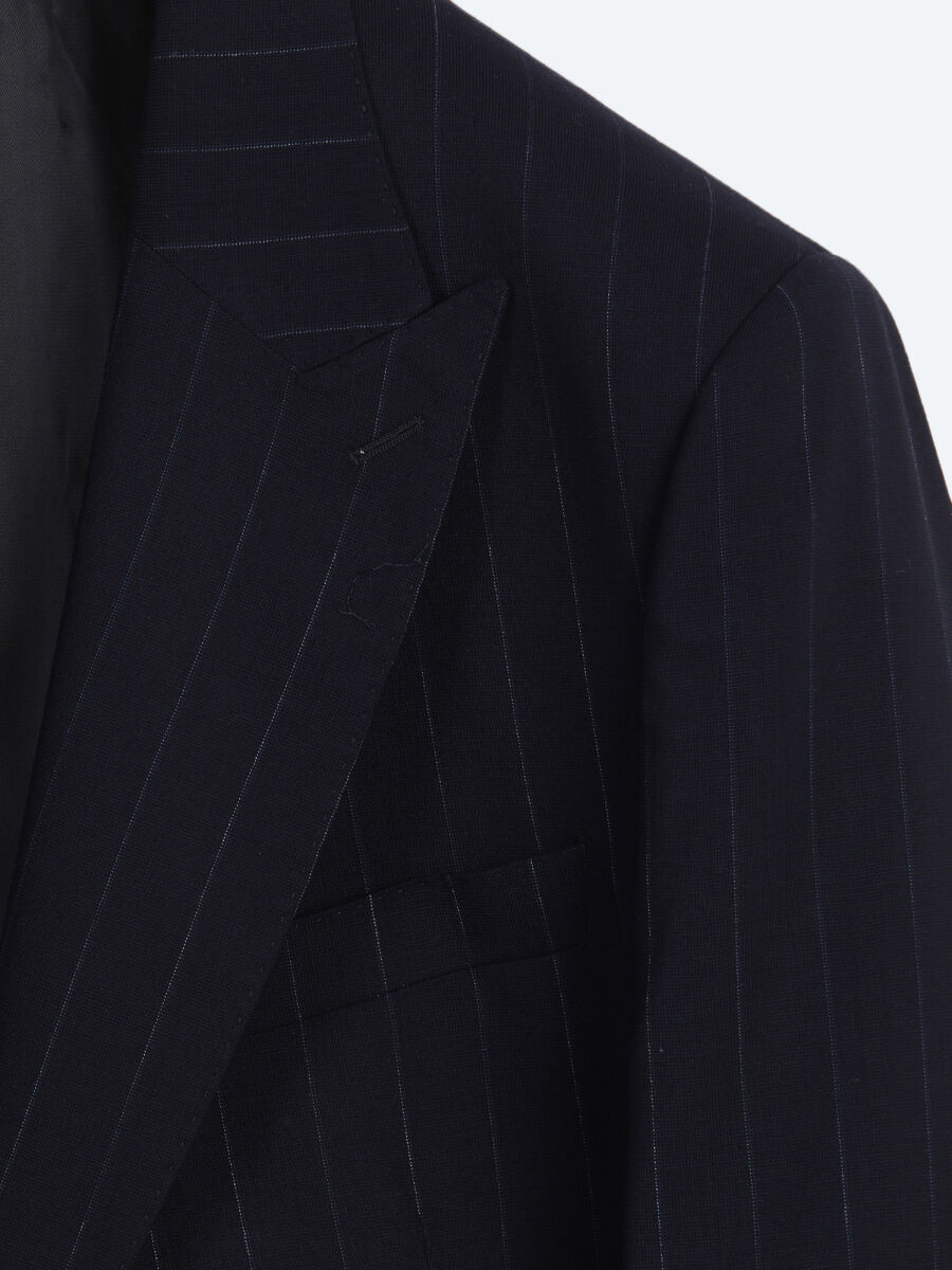 Navy Blue Striped Modern Fit Silk Blended Suit - 8