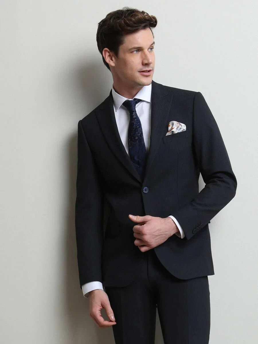 Navy Blue Striped Modern Fit Suit - 2