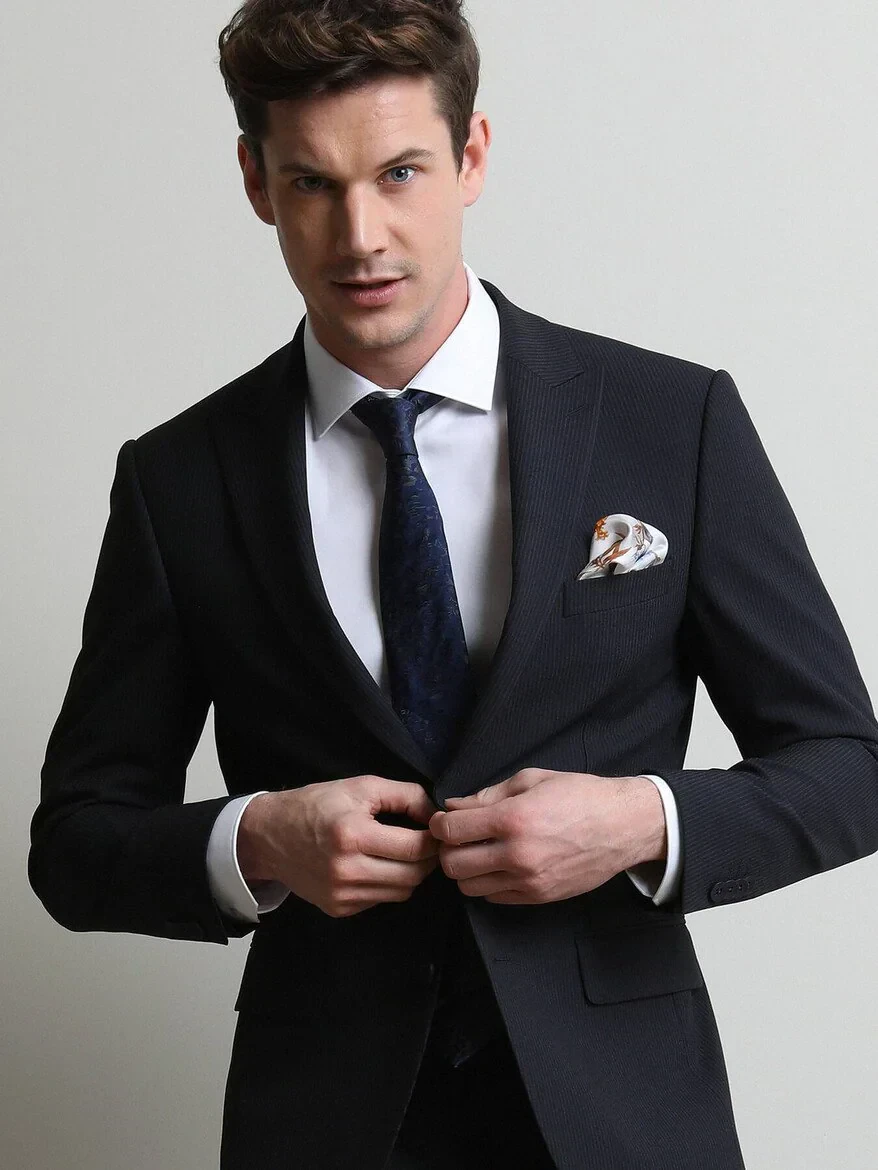 Navy Blue Striped Modern Fit Suit - 3