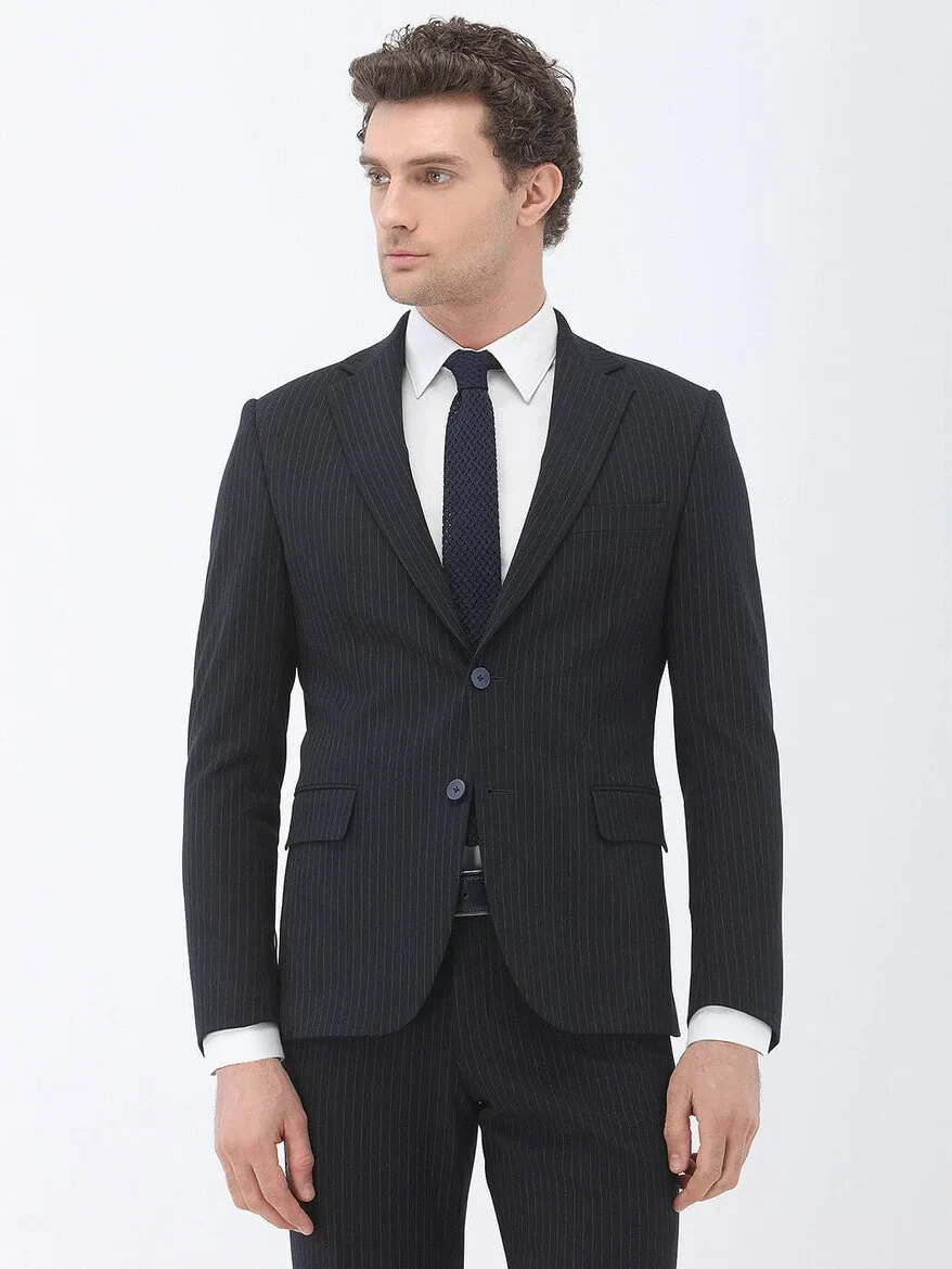 Navy Blue Striped Modern Fit Suit - 1