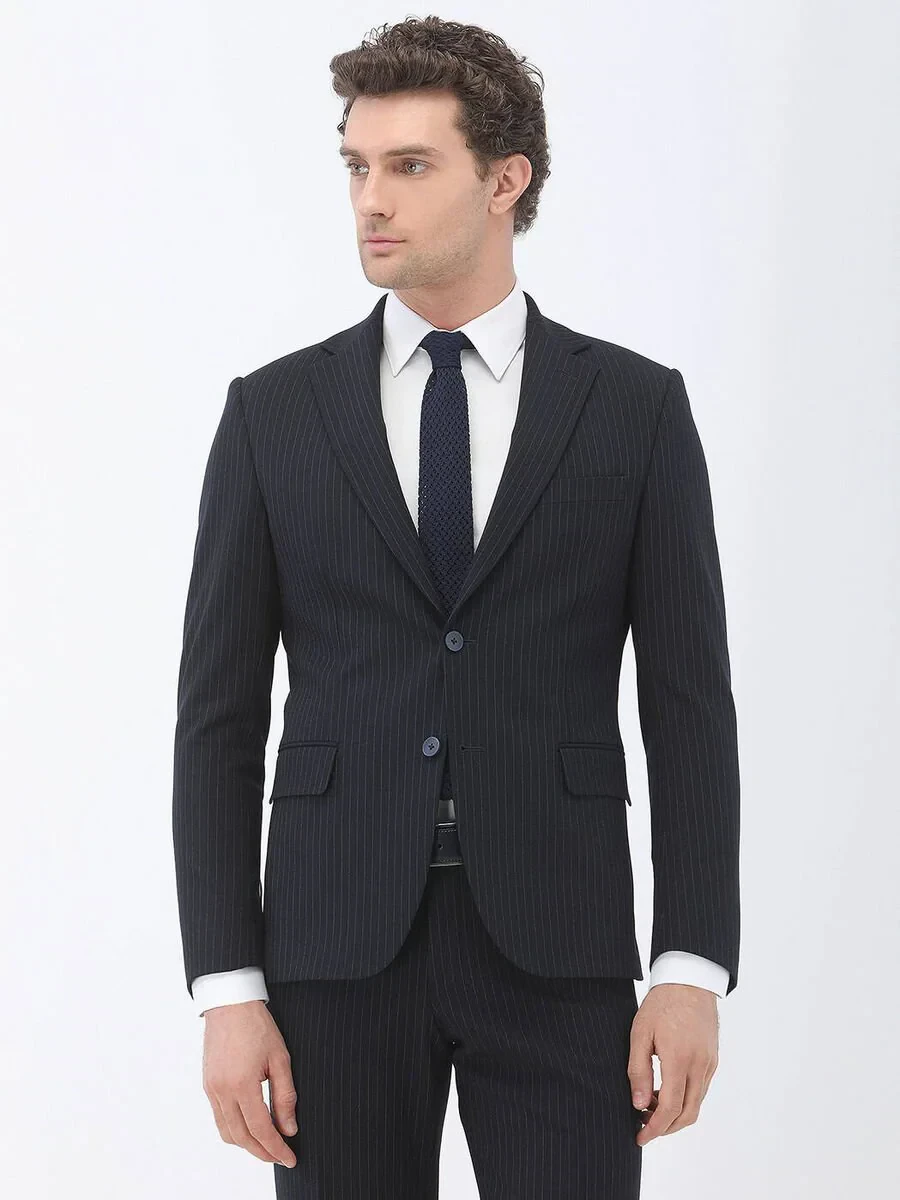 Navy Blue Striped Modern Fit Suit - 1