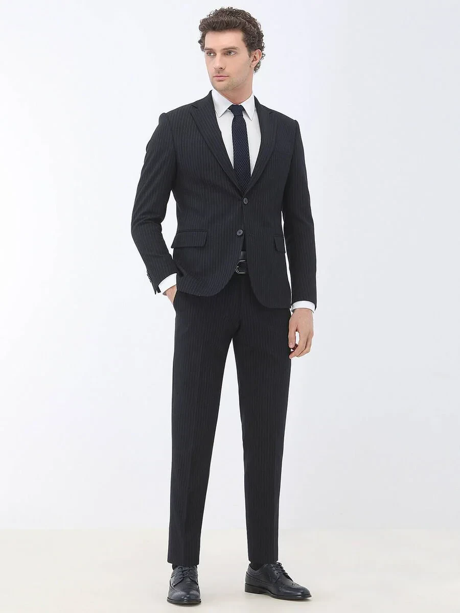 Navy Blue Striped Modern Fit Suit - 2