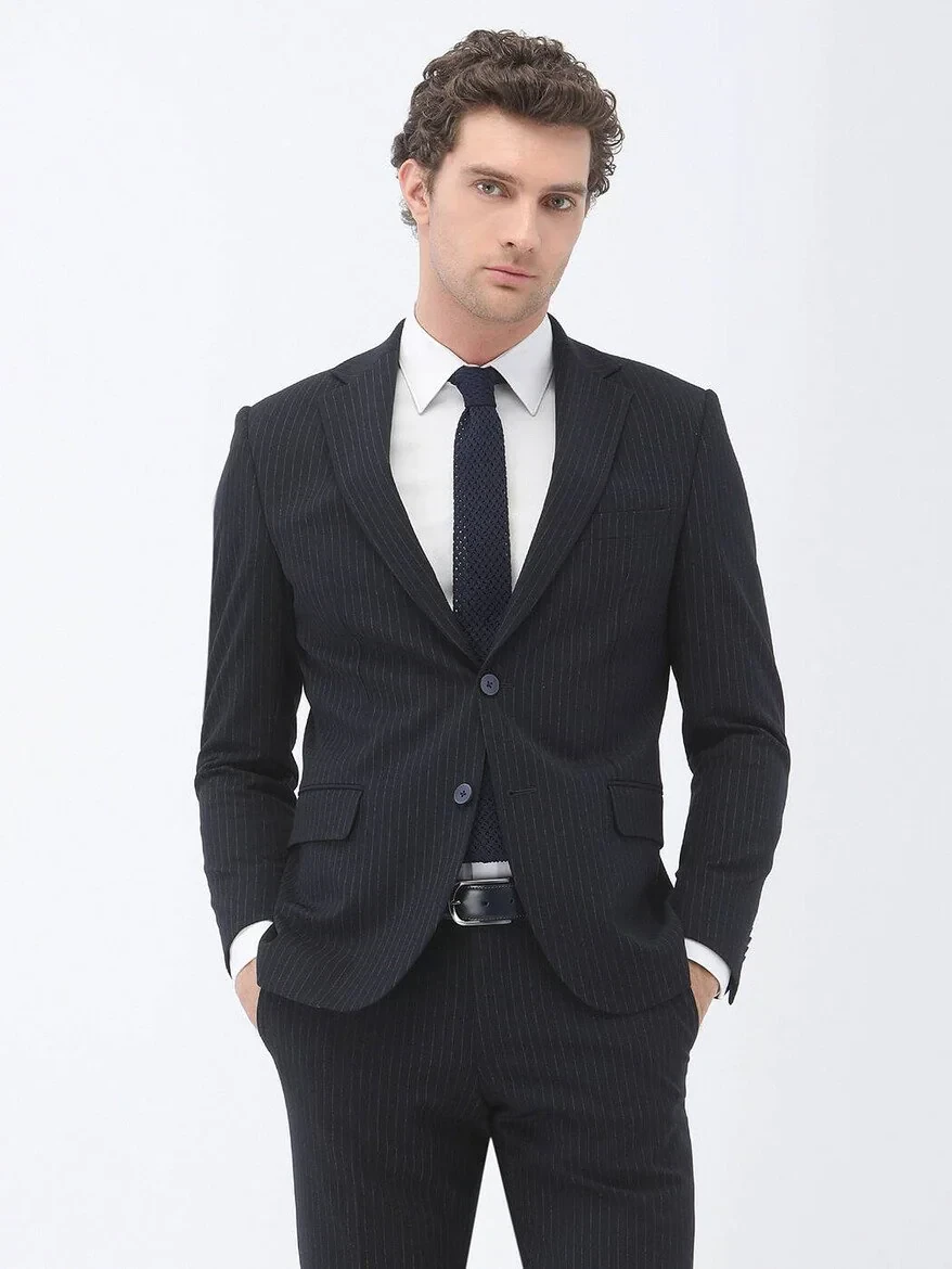 Navy Blue Striped Modern Fit Suit - 3
