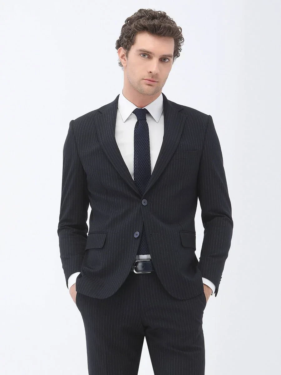 Navy Blue Striped Modern Fit Suit - 3
