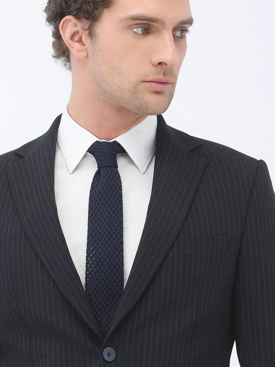 Navy Blue Striped Modern Fit Suit - 4