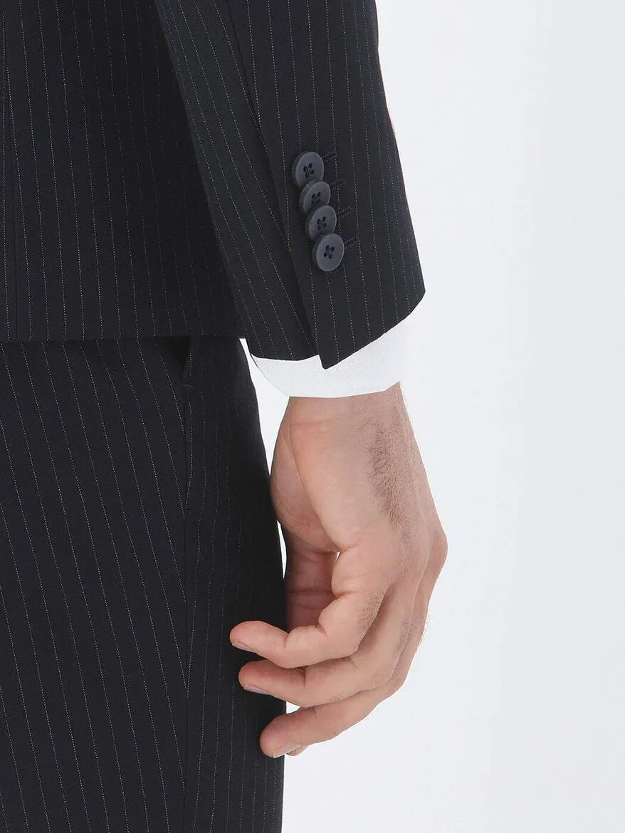 Navy Blue Striped Modern Fit Suit - 5