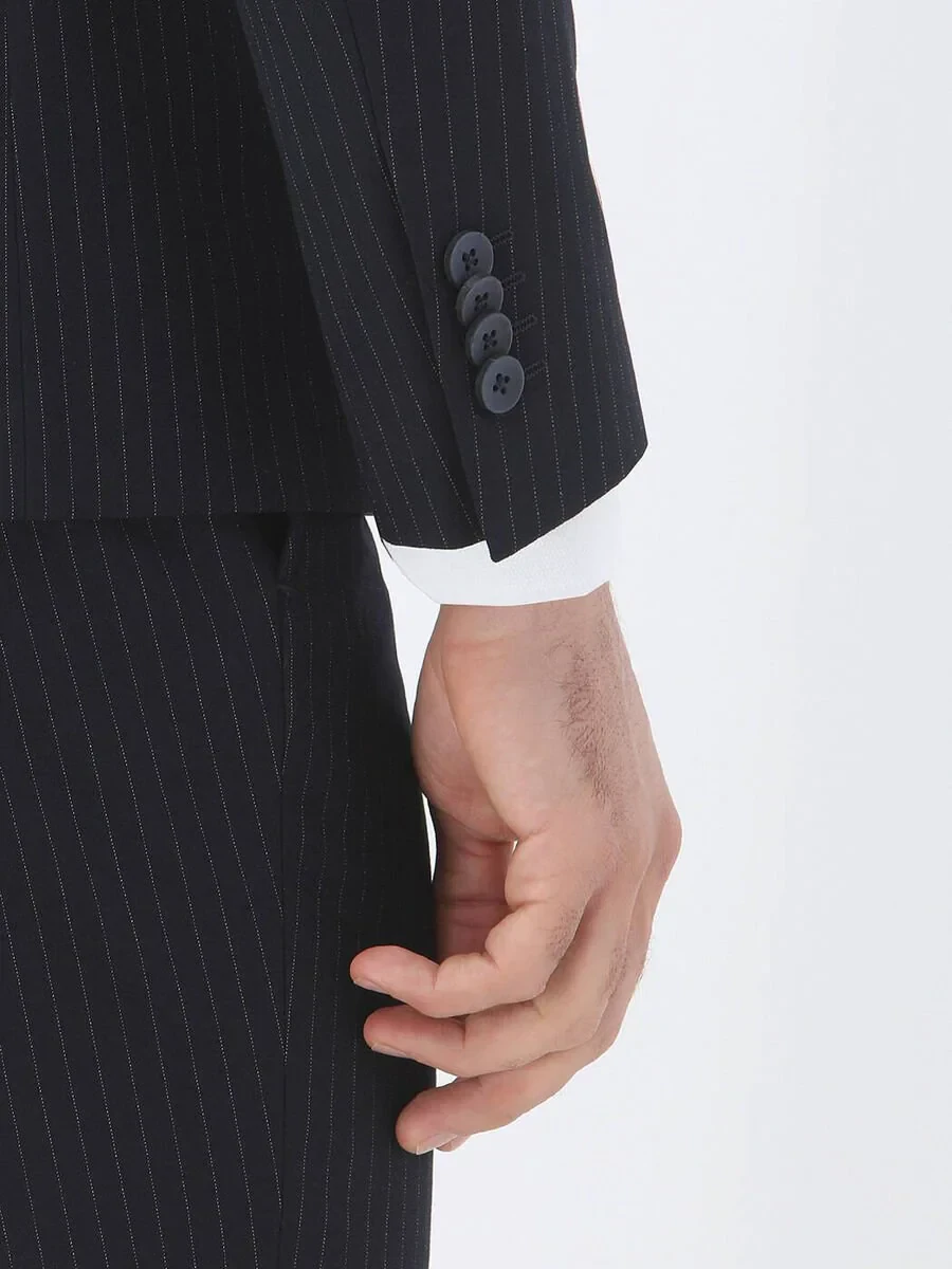 Navy Blue Striped Modern Fit Suit - 5