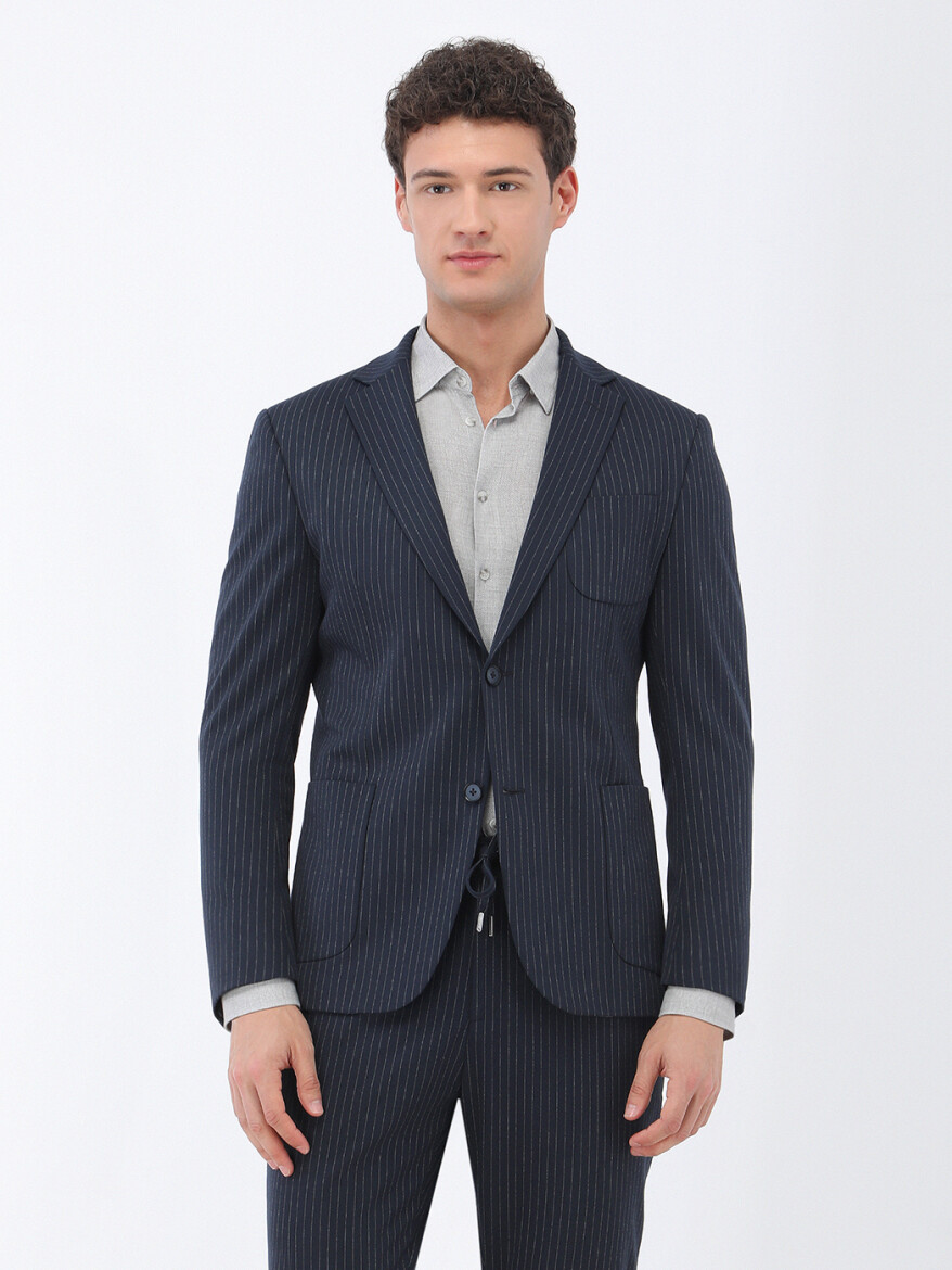 Navy Blue Striped Modern Fit Suit - 1
