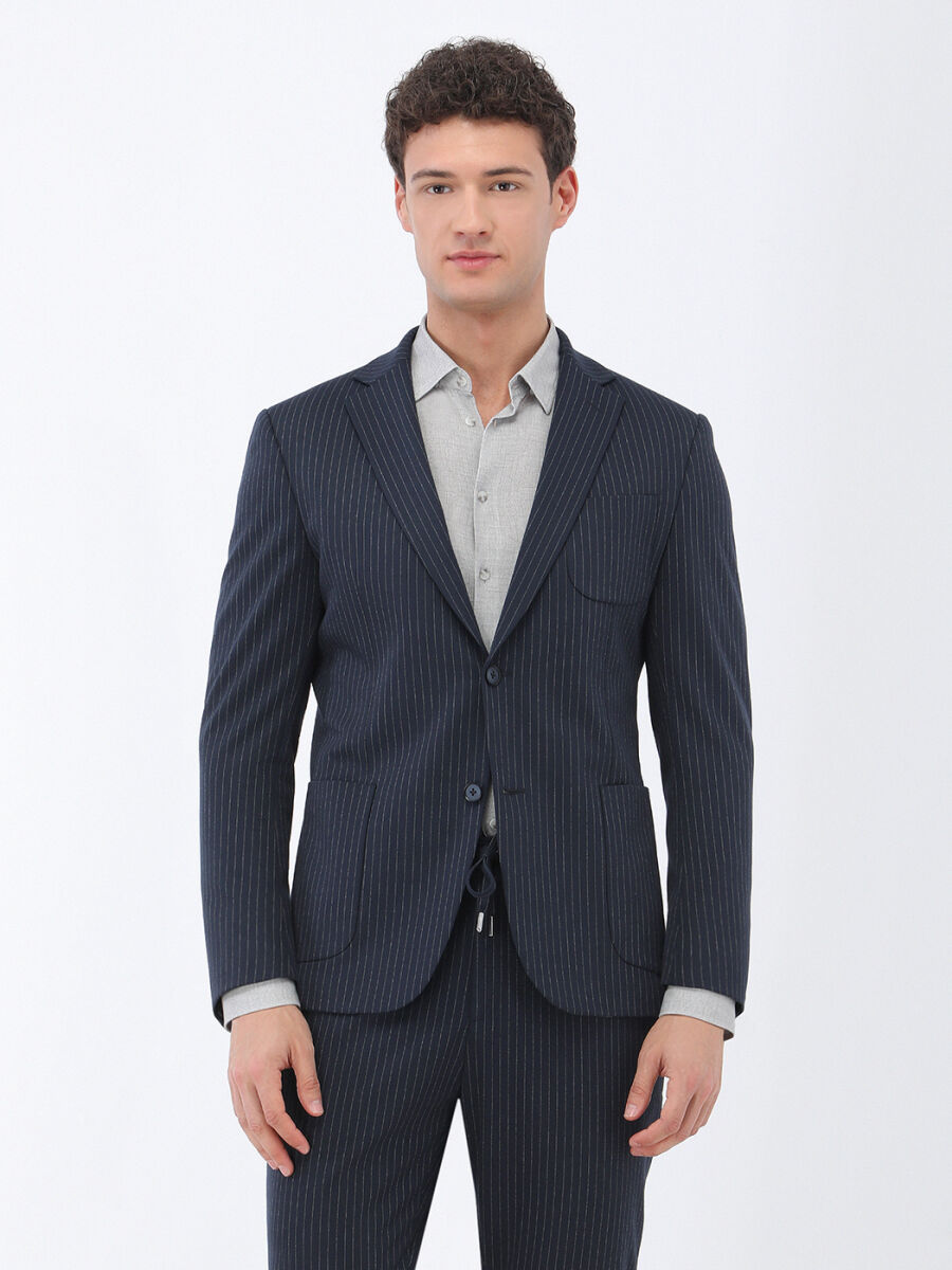 Navy Blue Striped Modern Fit Suit - 1