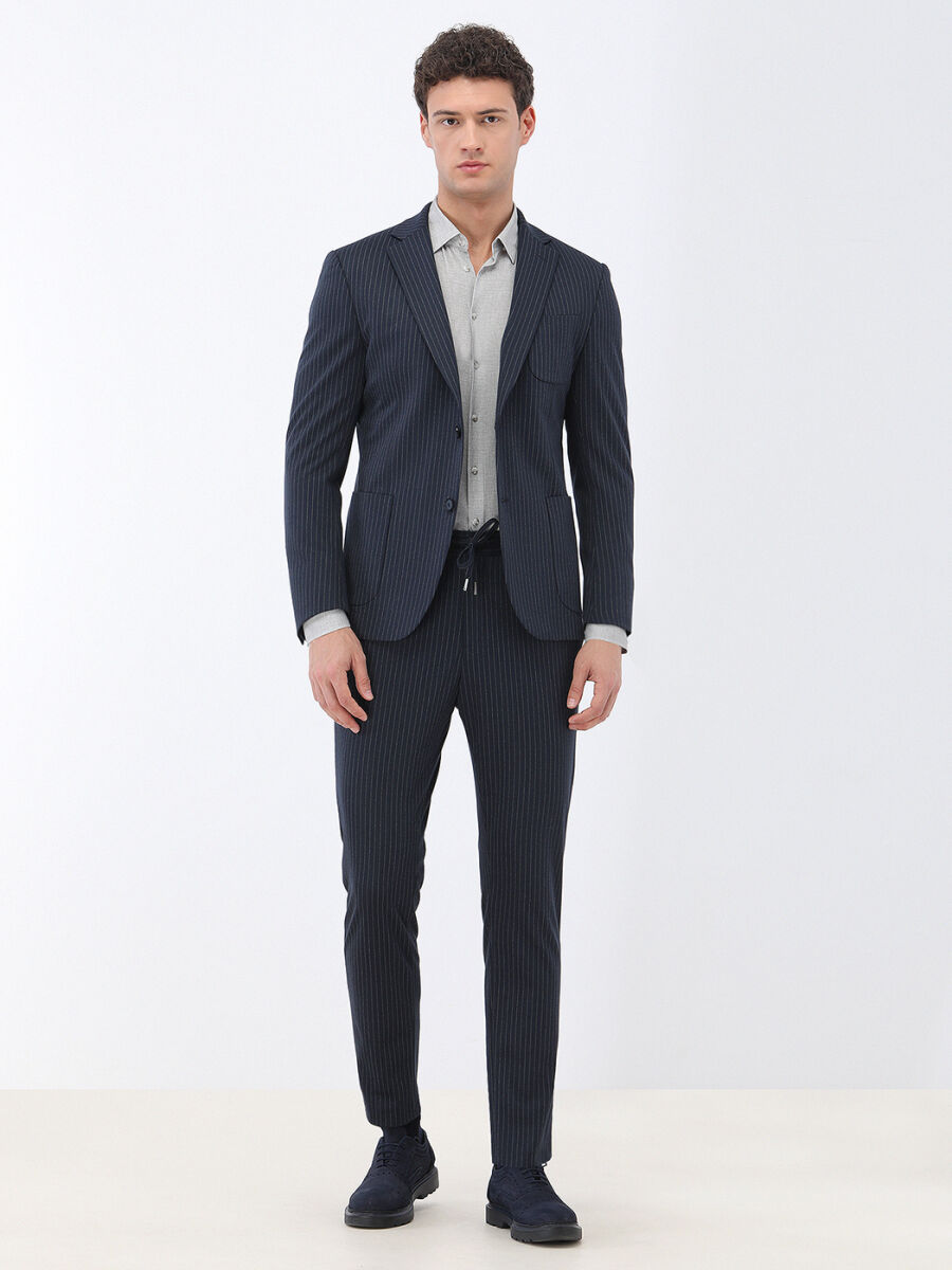 Navy Blue Striped Modern Fit Suit - 3