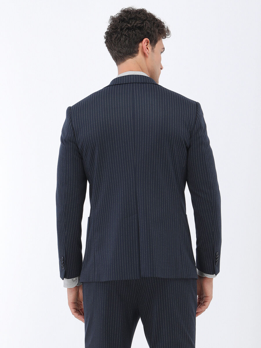 Navy Blue Striped Modern Fit Suit - 6