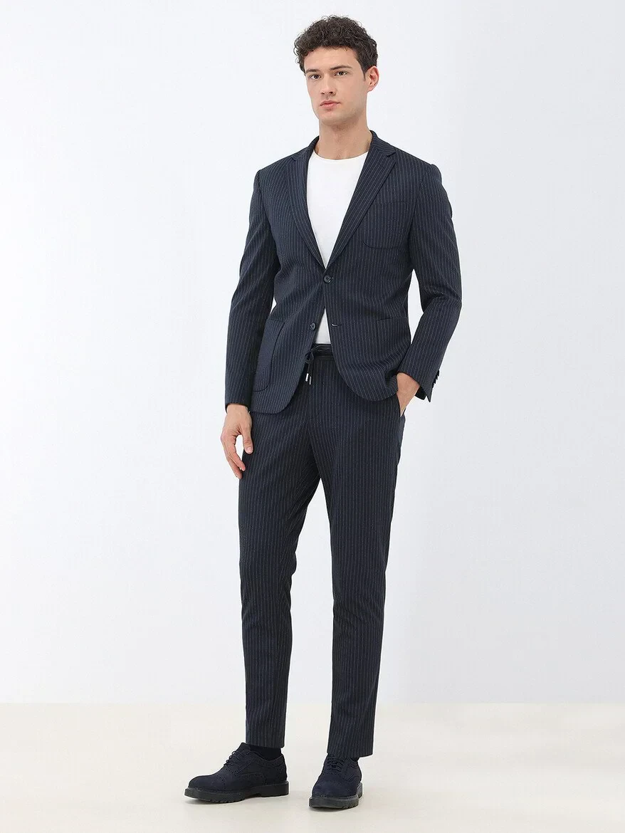 Navy Blue Striped Modern Fit Suit - 2