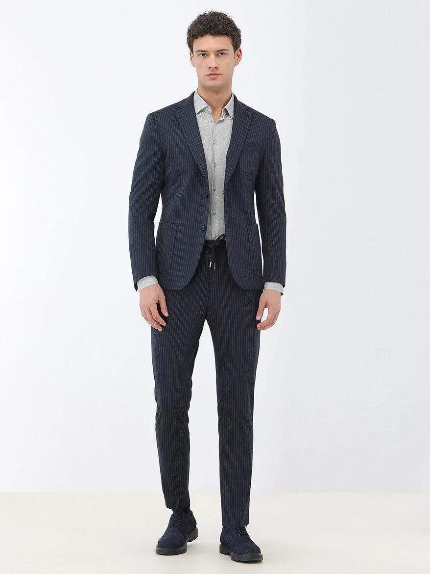 Navy Blue Striped Modern Fit Suit - 3