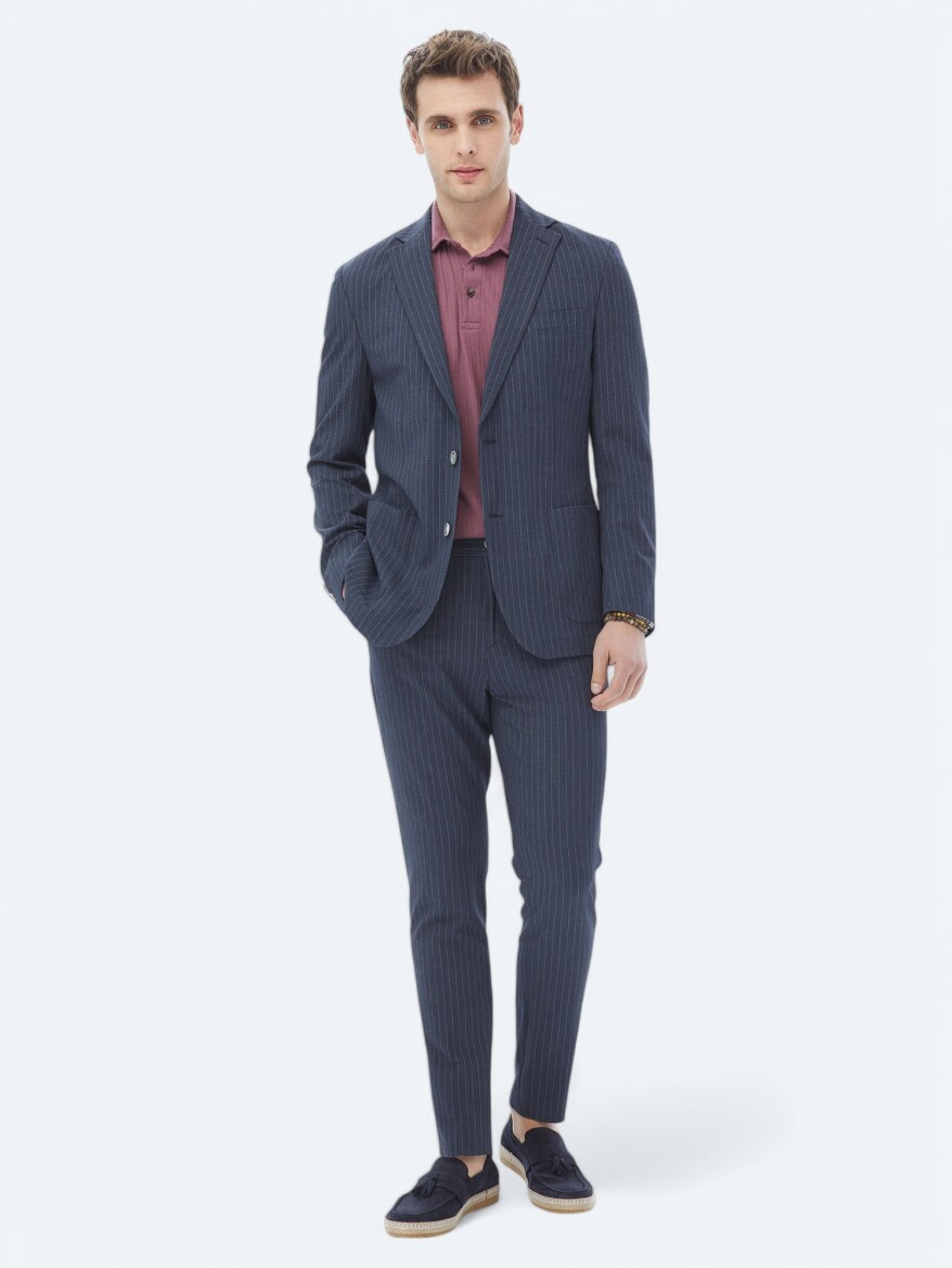 Navy Blue Striped Modern Fit Suit - 1