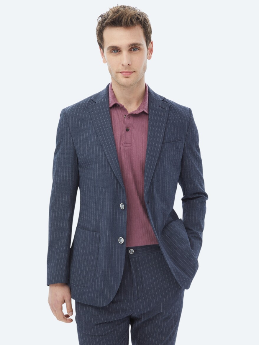Navy Blue Striped Modern Fit Suit - 2