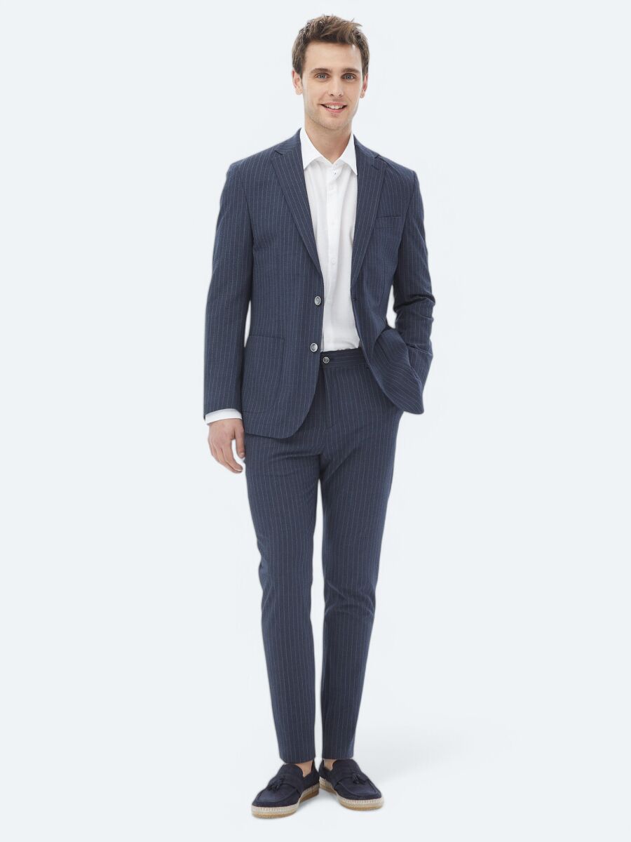 Navy Blue Striped Modern Fit Suit - 3