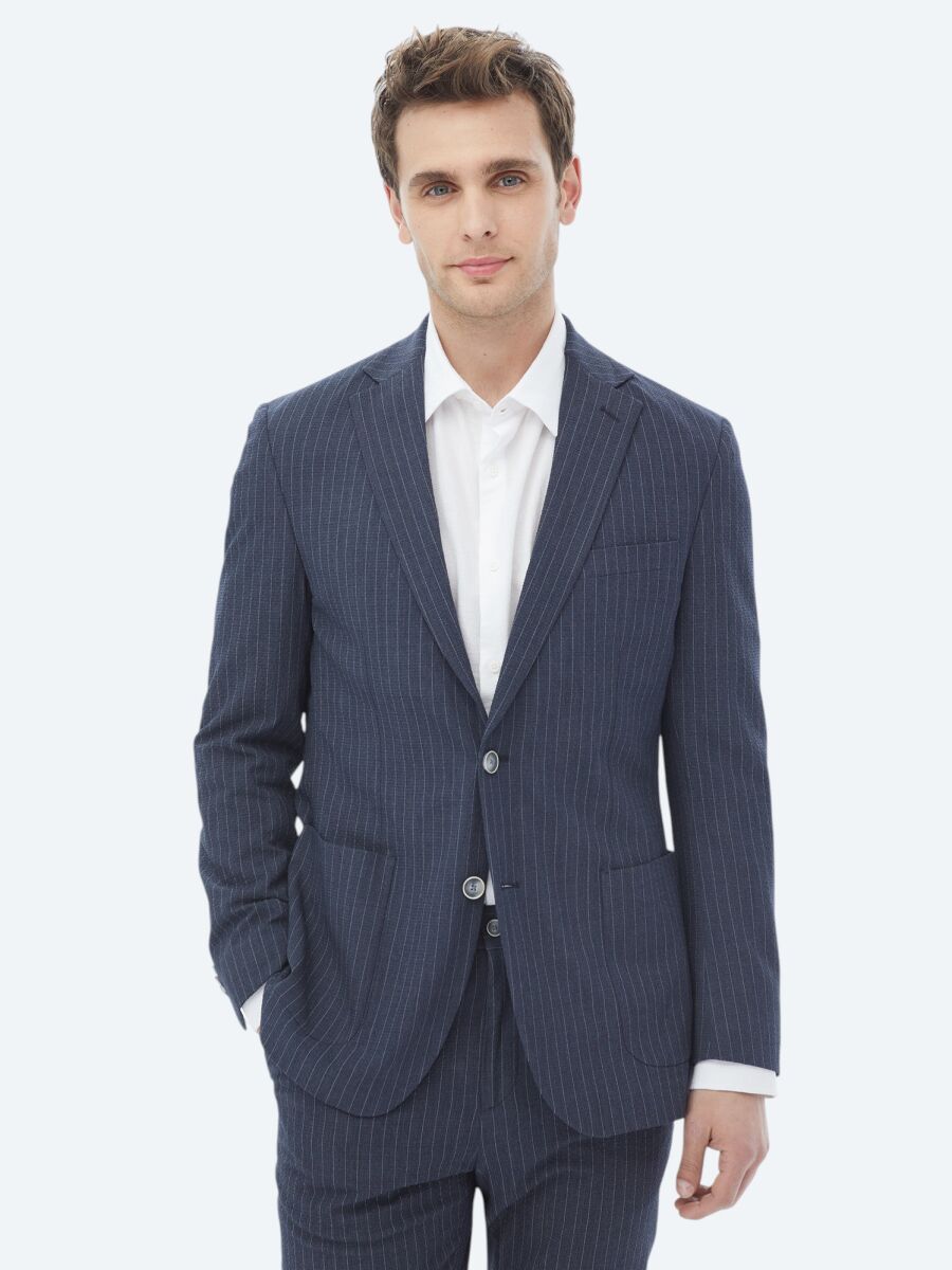 Navy Blue Striped Modern Fit Suit - 4