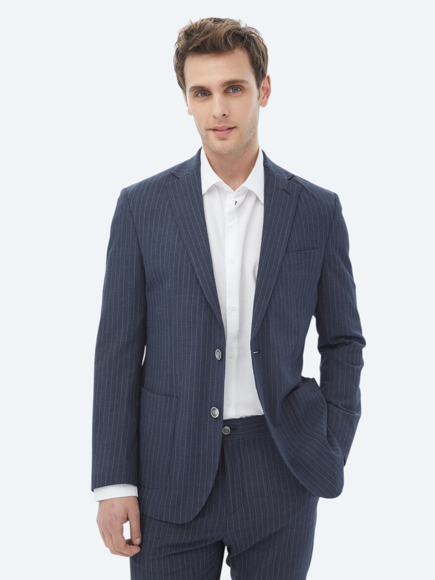 Navy Blue Striped Modern Fit Suit - 5
