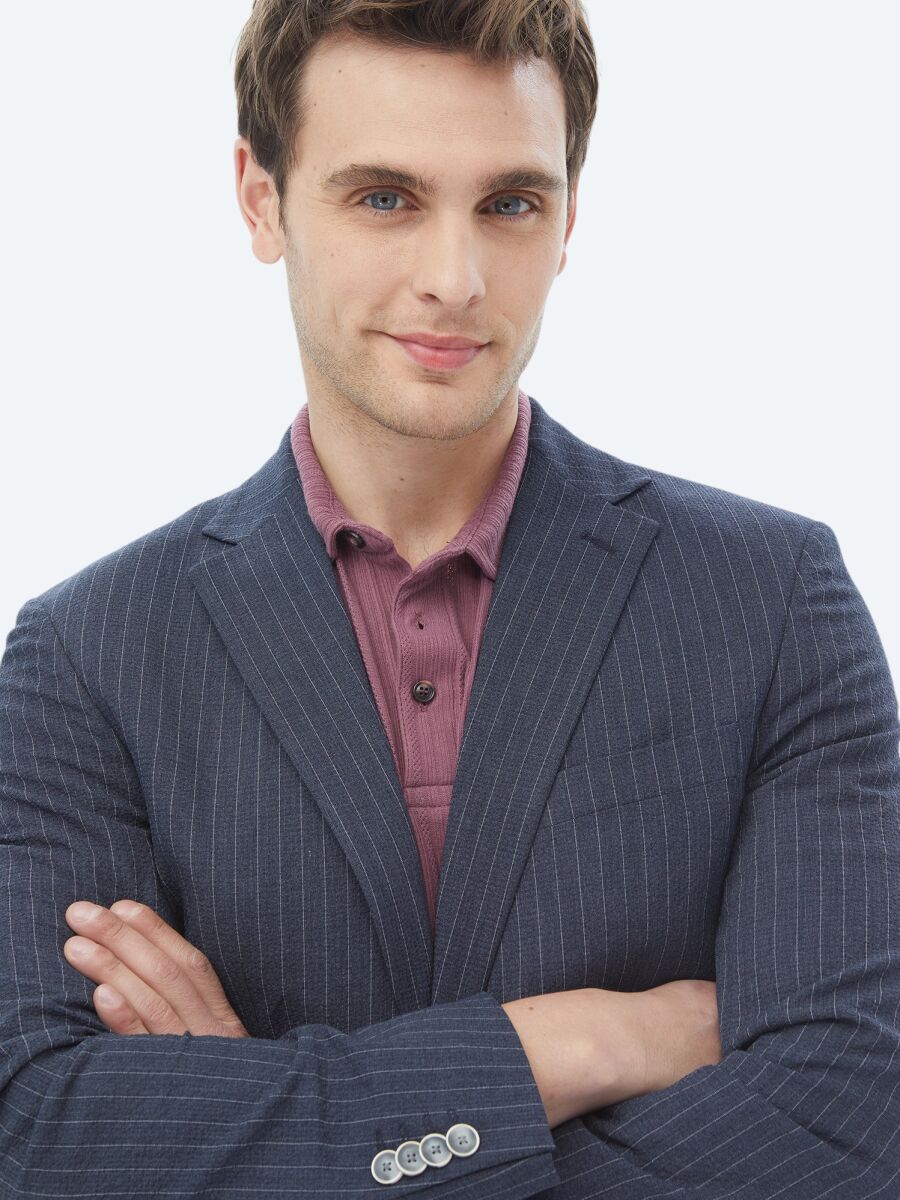 Navy Blue Striped Modern Fit Suit - 8