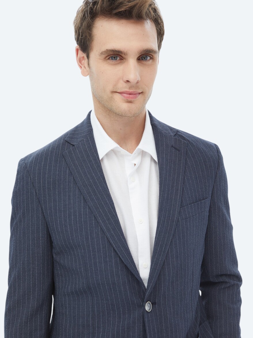 Navy Blue Striped Modern Fit Suit - 9