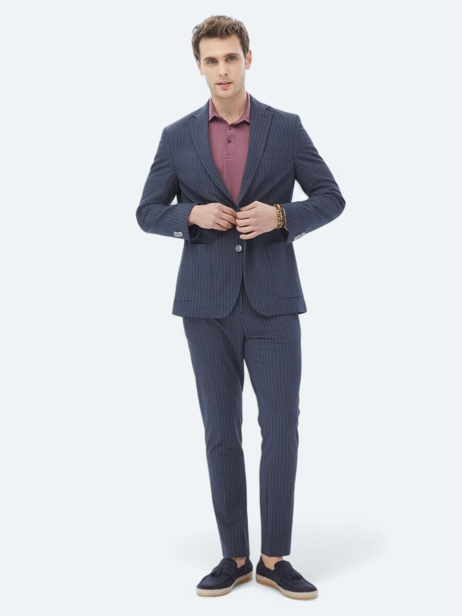 Navy Blue Striped Modern Fit Suit - 10