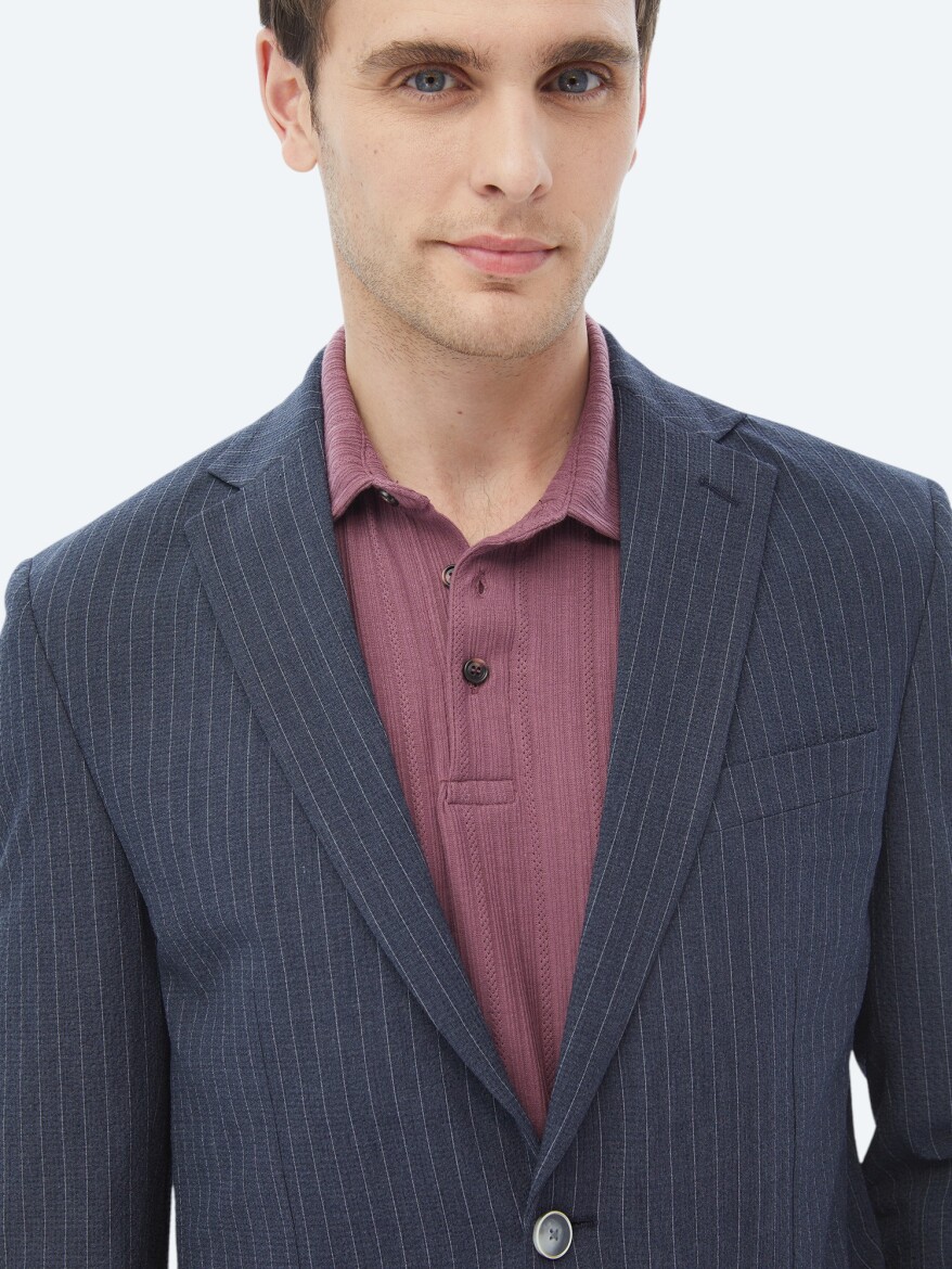 Navy Blue Striped Modern Fit Suit - 13