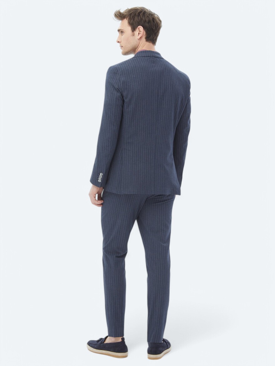 Navy Blue Striped Modern Fit Suit - 17