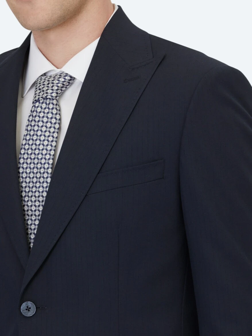 Navy Blue Striped Modern Fit Suit - 4
