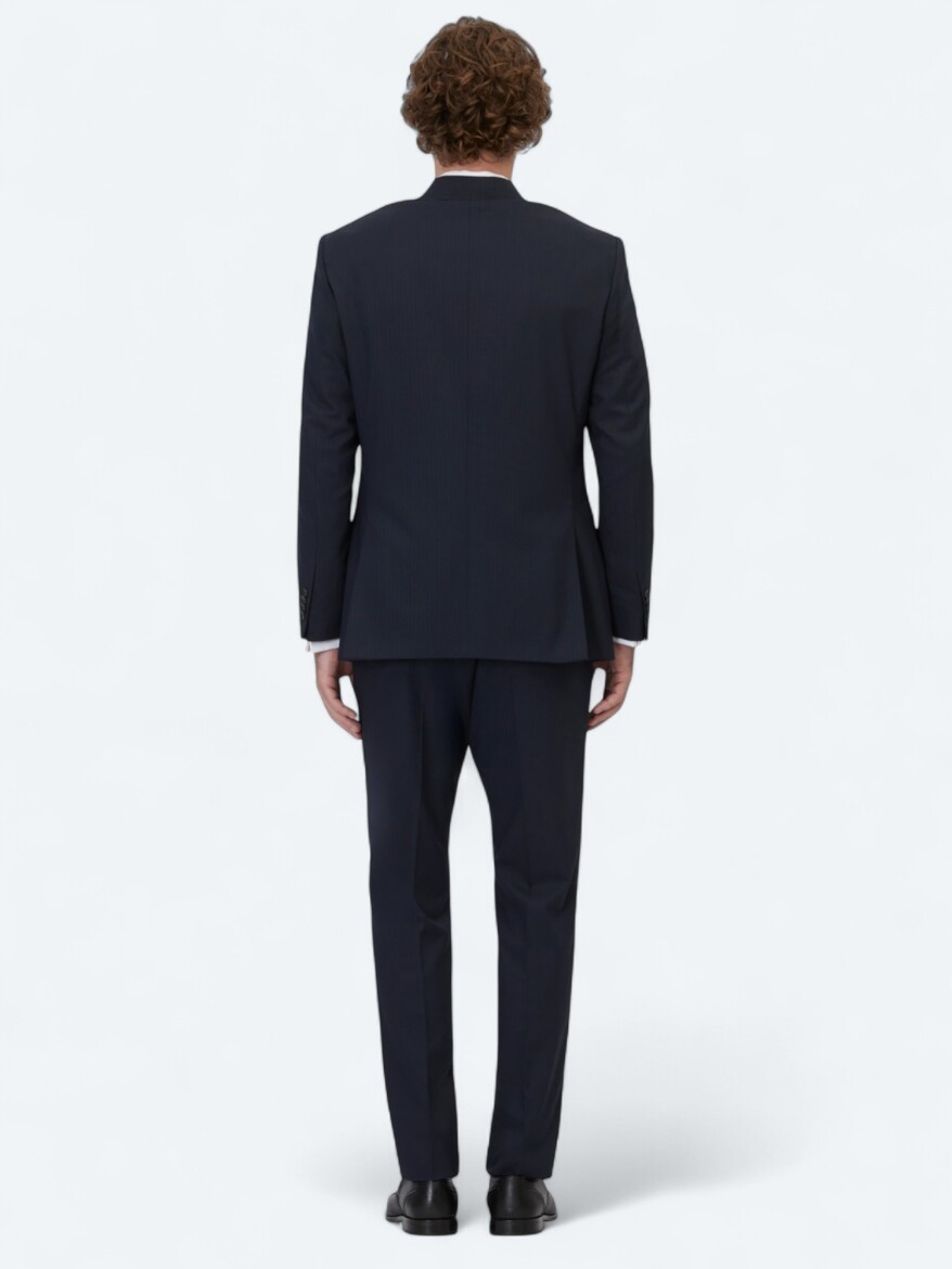 Navy Blue Striped Modern Fit Suit - 5