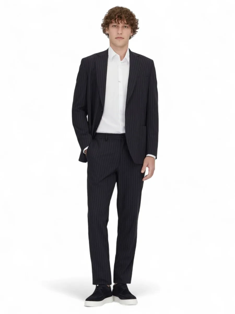 Navy Blue Striped Modern Fit Suit - 2