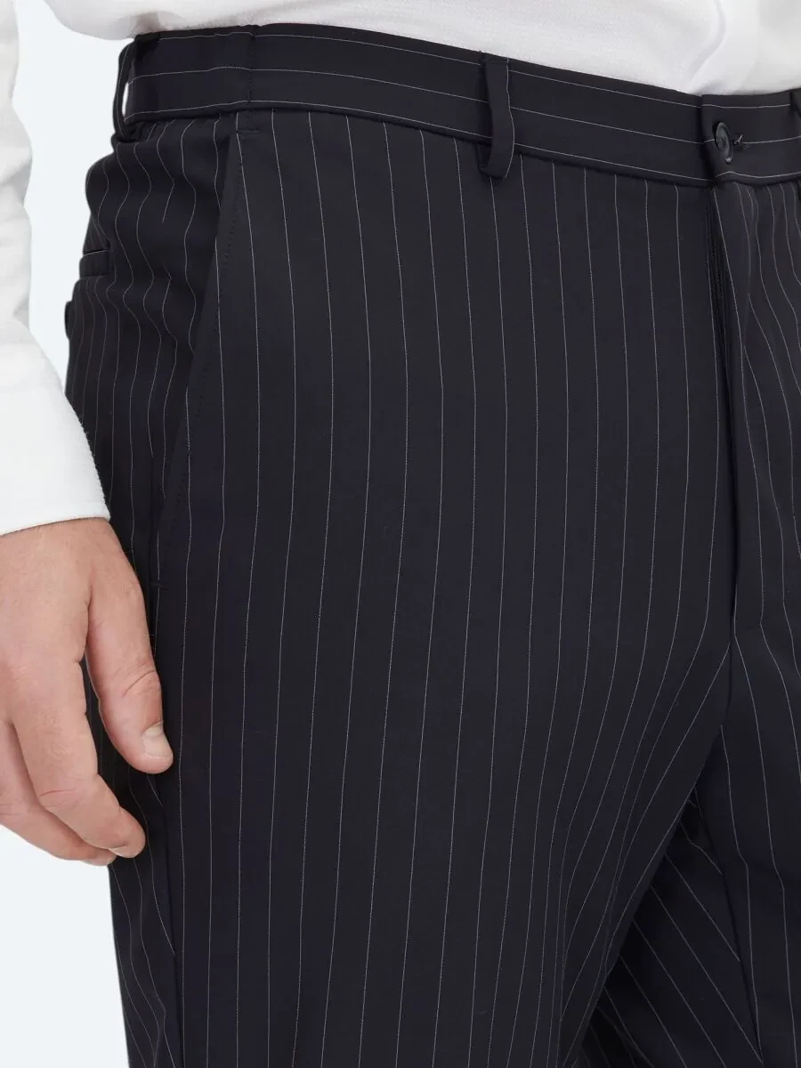 Navy Blue Striped Modern Fit Suit - 4
