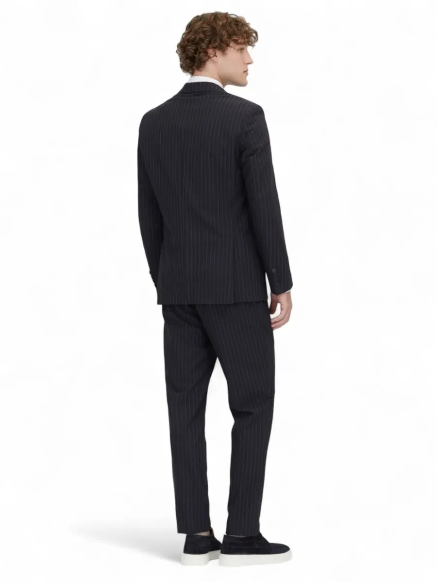 Navy Blue Striped Modern Fit Suit - 5