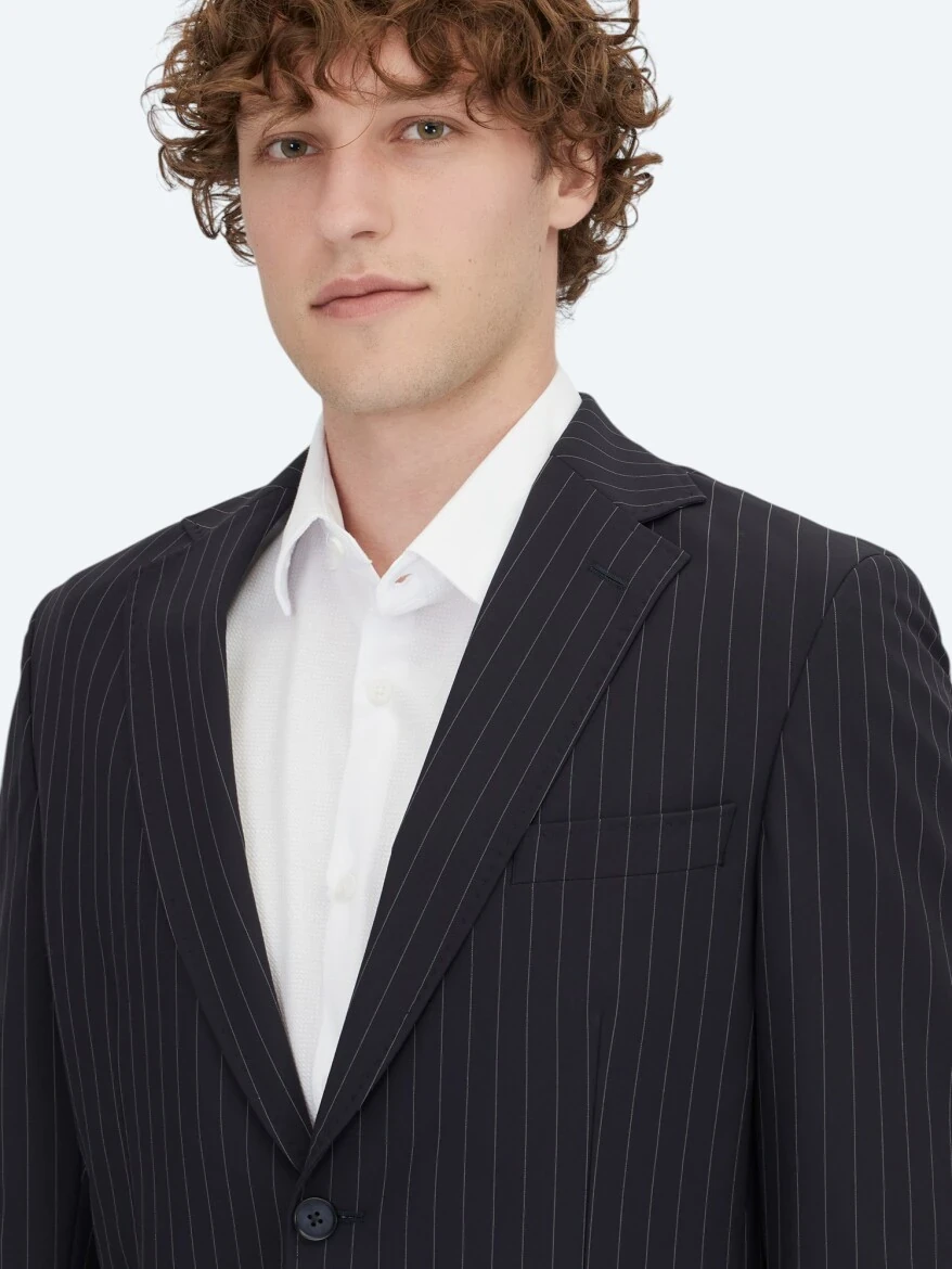 Navy Blue Striped Modern Fit Suit - 3