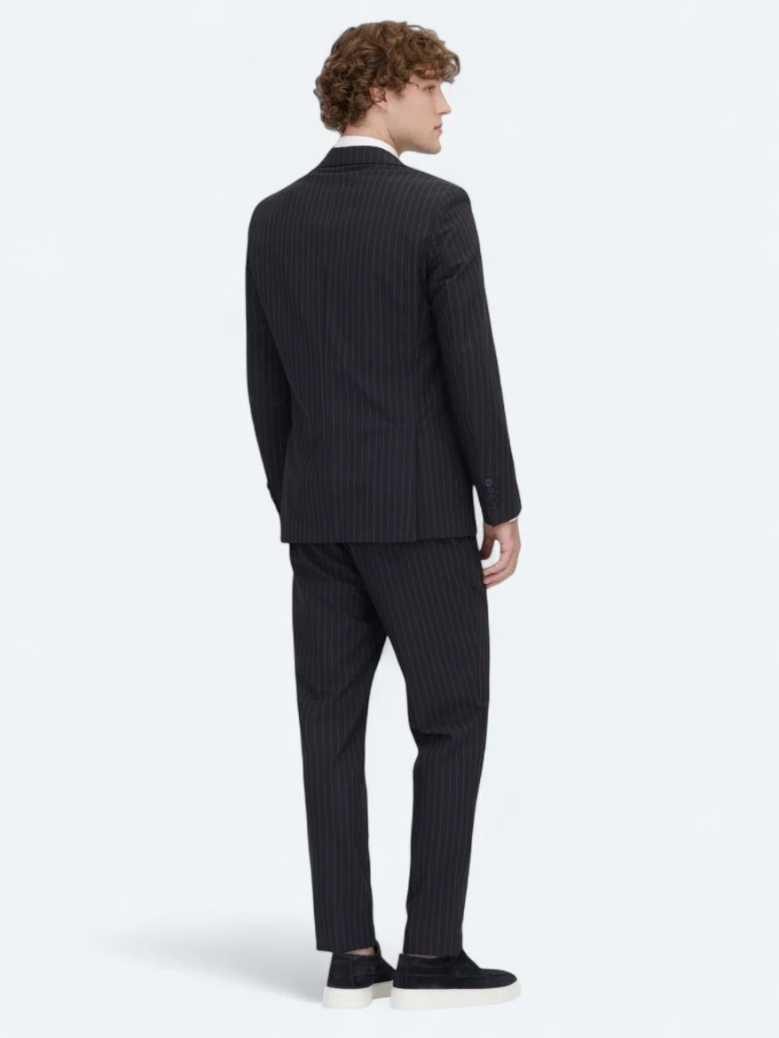 Navy Blue Striped Modern Fit Suit - 5