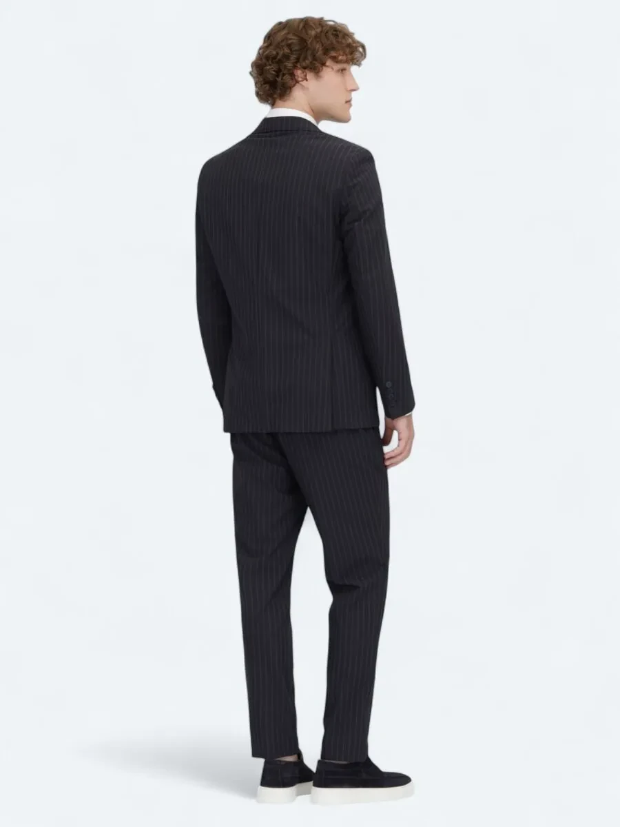 Navy Blue Striped Modern Fit Suit - 5