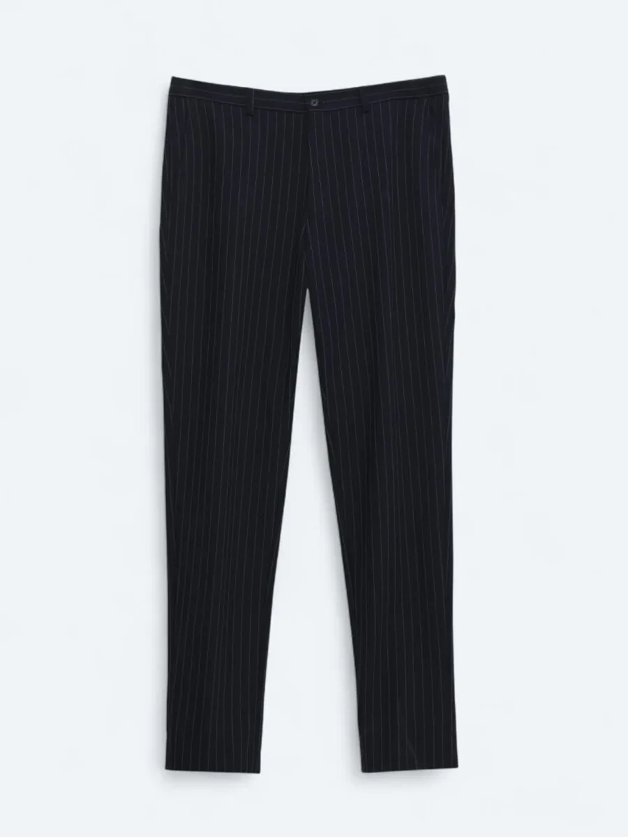Navy Blue Striped Modern Fit Suit - 7