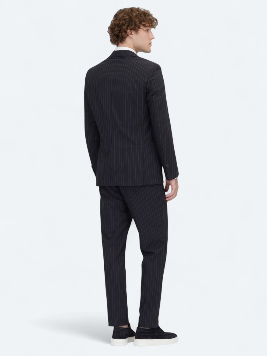 Navy Blue Striped Modern Fit Suit - 5