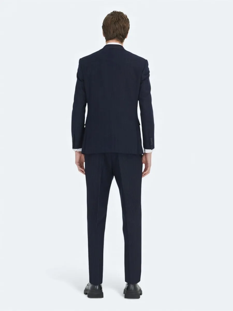 Navy Blue Striped Modern Fit Suit - 5