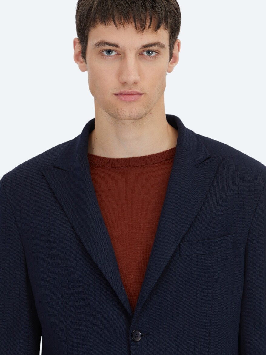 Navy Blue Striped Modern Fit Suit - 4