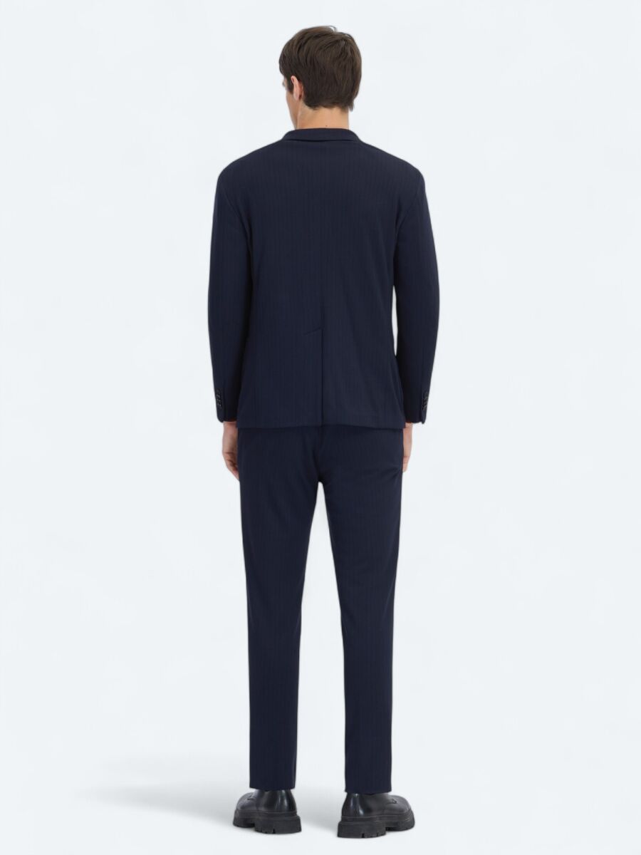 Navy Blue Striped Modern Fit Suit - 5