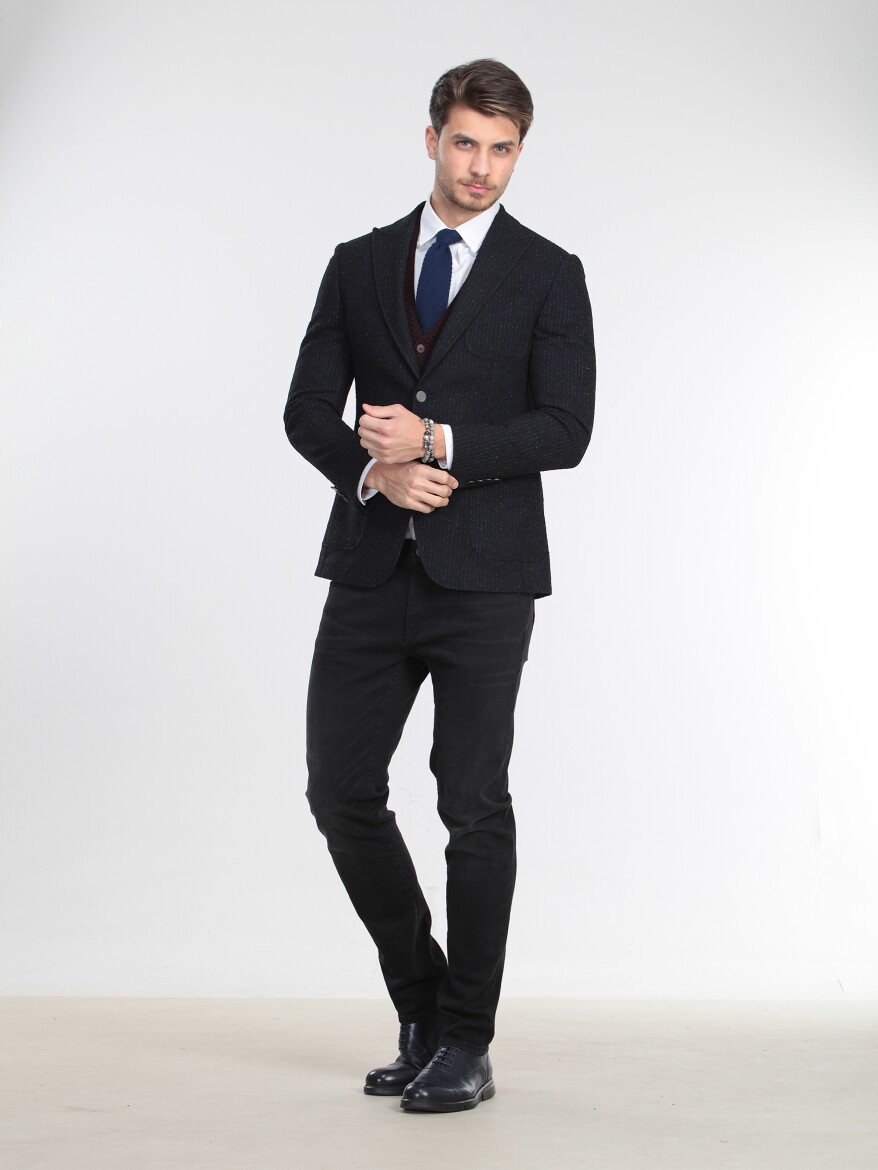 Navy Blue Striped Modern Fit Wool Blended Jacket - 2
