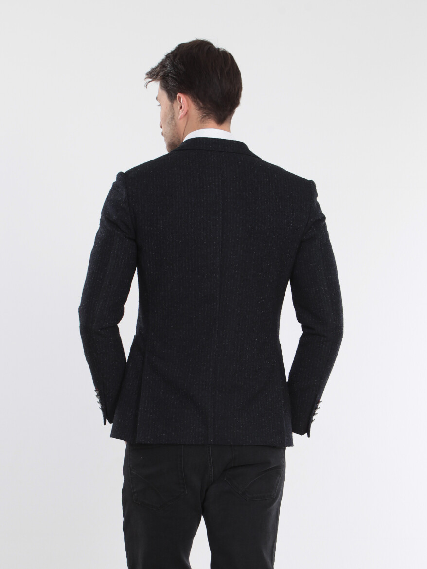 Navy Blue Striped Modern Fit Wool Blended Jacket - 5