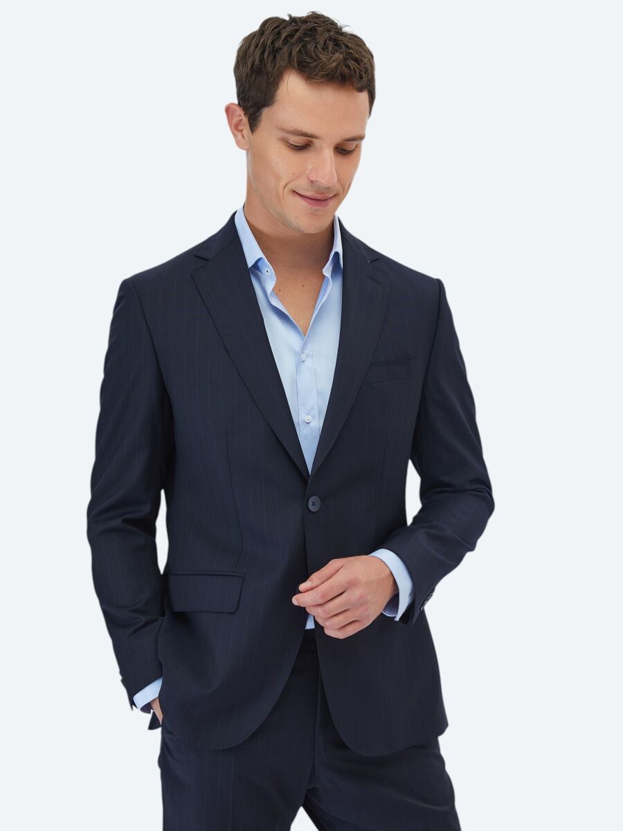 Navy Blue Striped Modern Fit Wool Blended Suit - 4