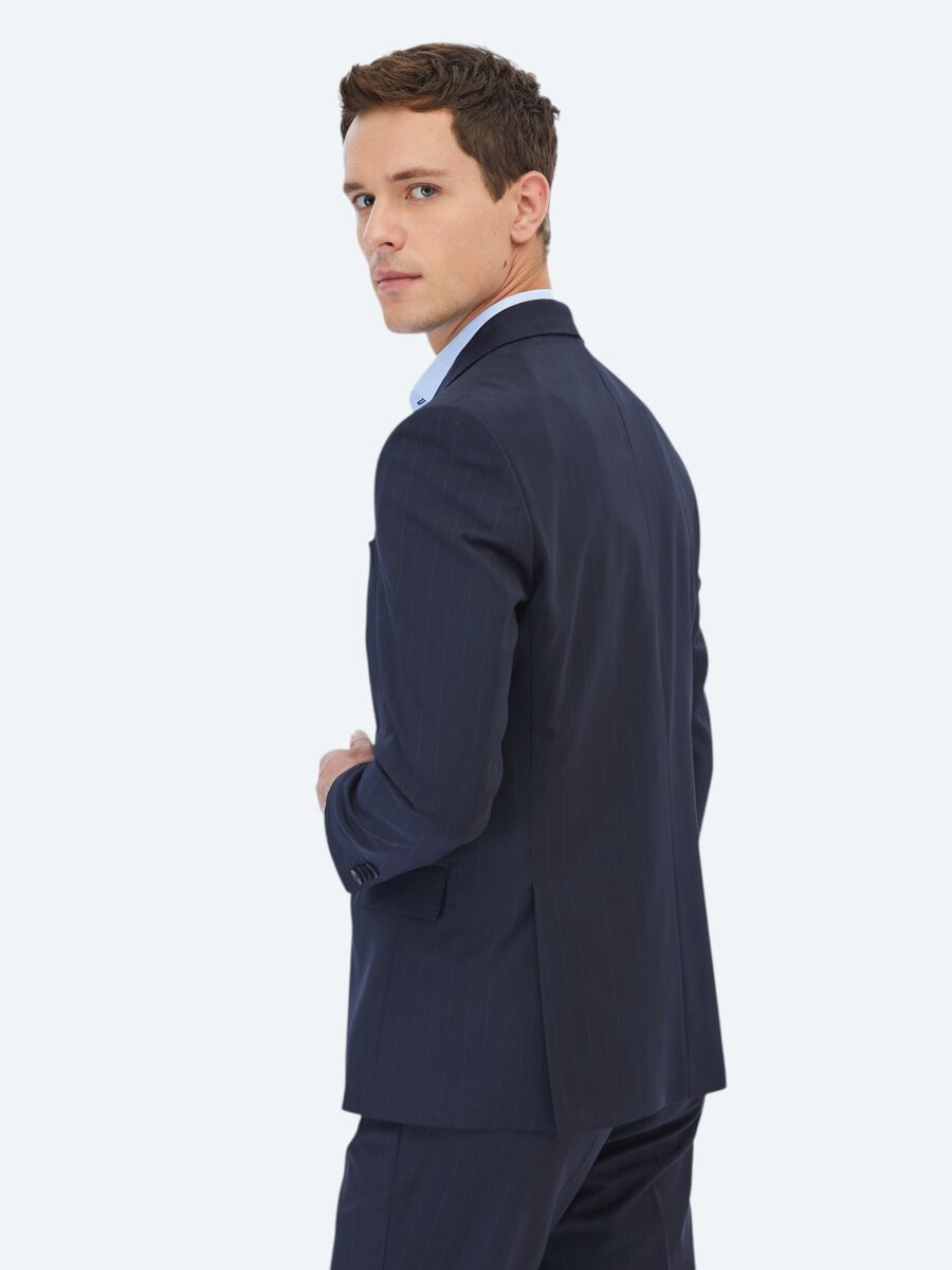 Navy Blue Striped Modern Fit Wool Blended Suit - 6