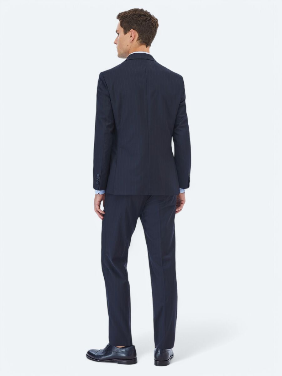 Navy Blue Striped Modern Fit Wool Blended Suit - 7