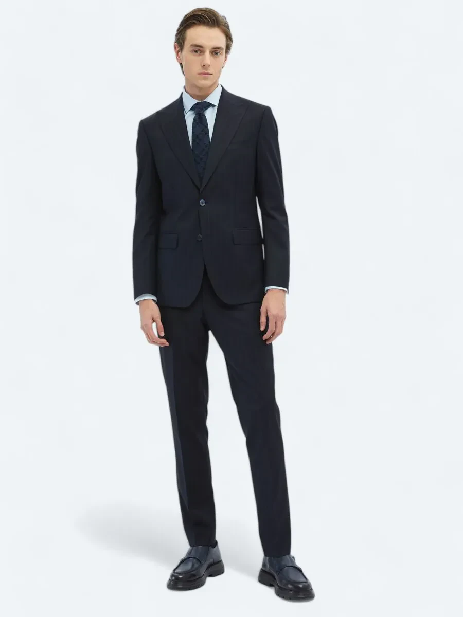 Navy Blue Striped Modern Fit Wool Blended Suit - 2